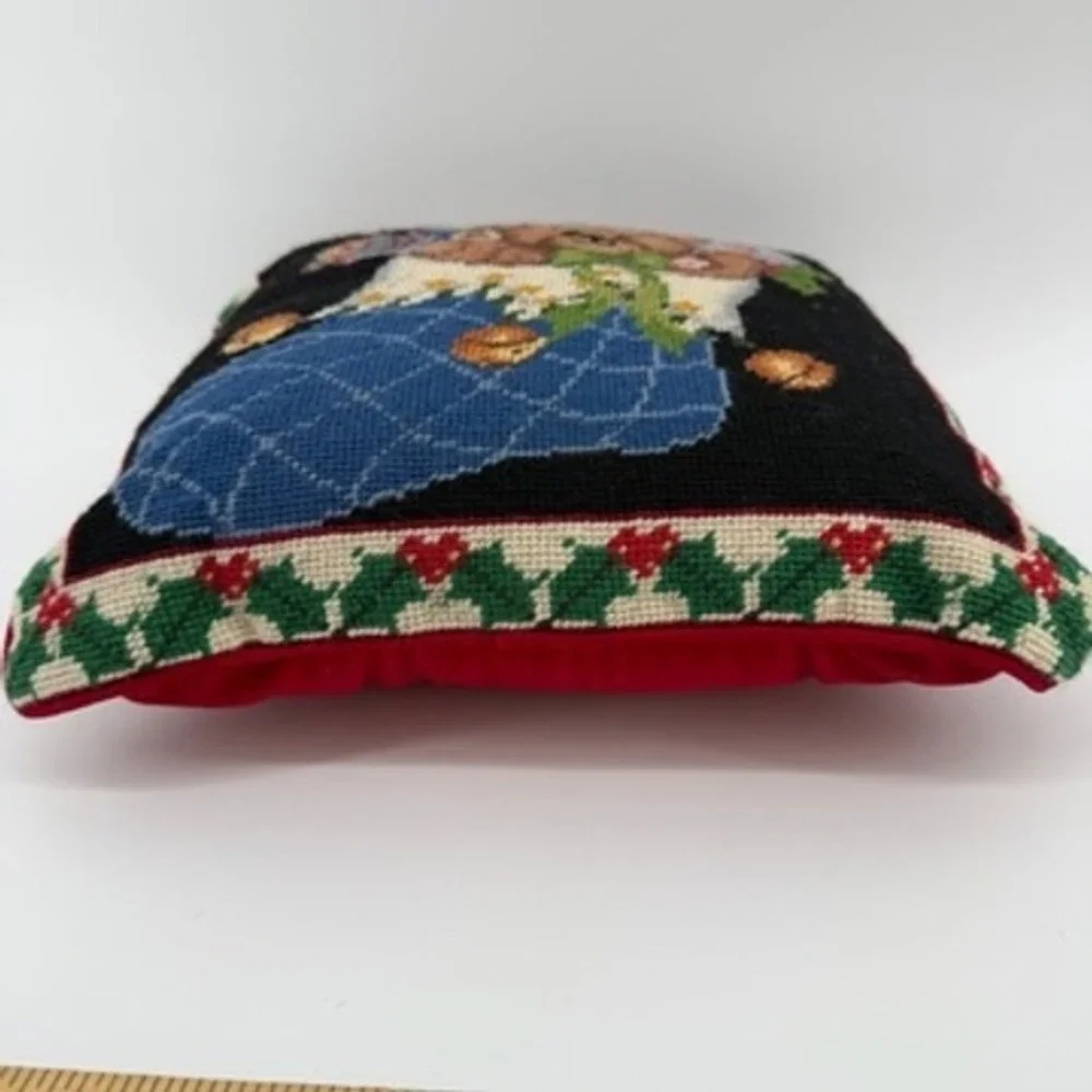 Vintage Needlepoint Christmas Pillow Teddy Bear in Stocking‎ Holiday Decor